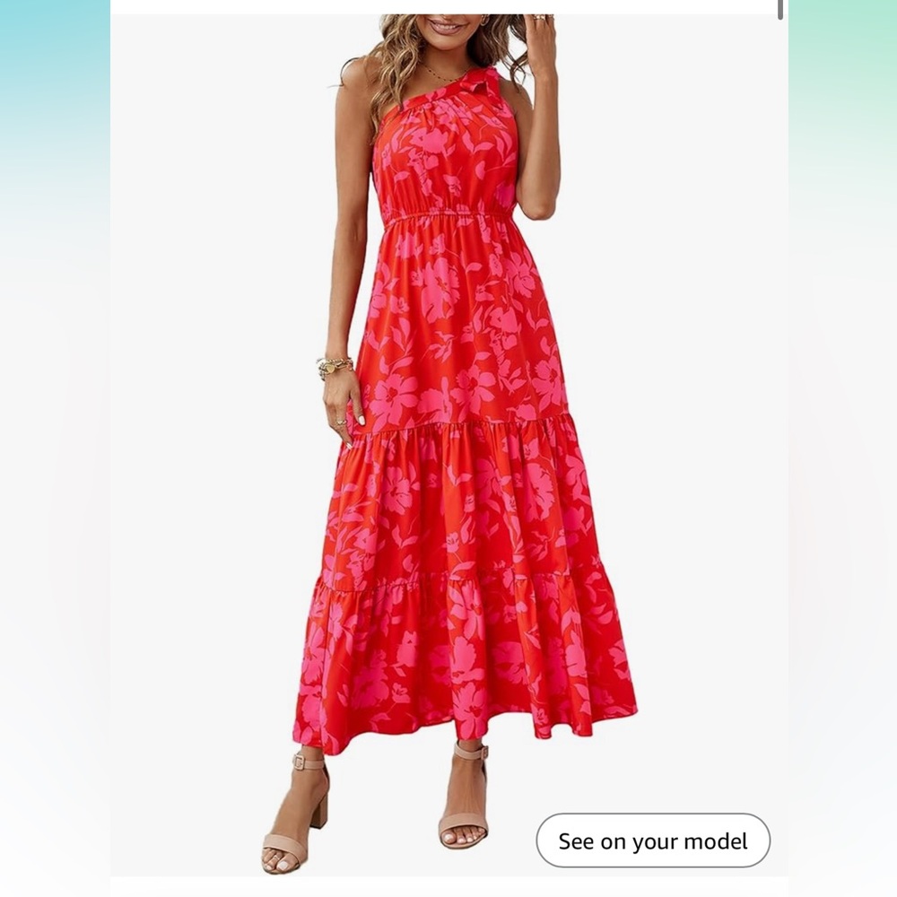 PRETTYGARDEN Women’s Summer Red Floral One Sleeve Maxi Dress